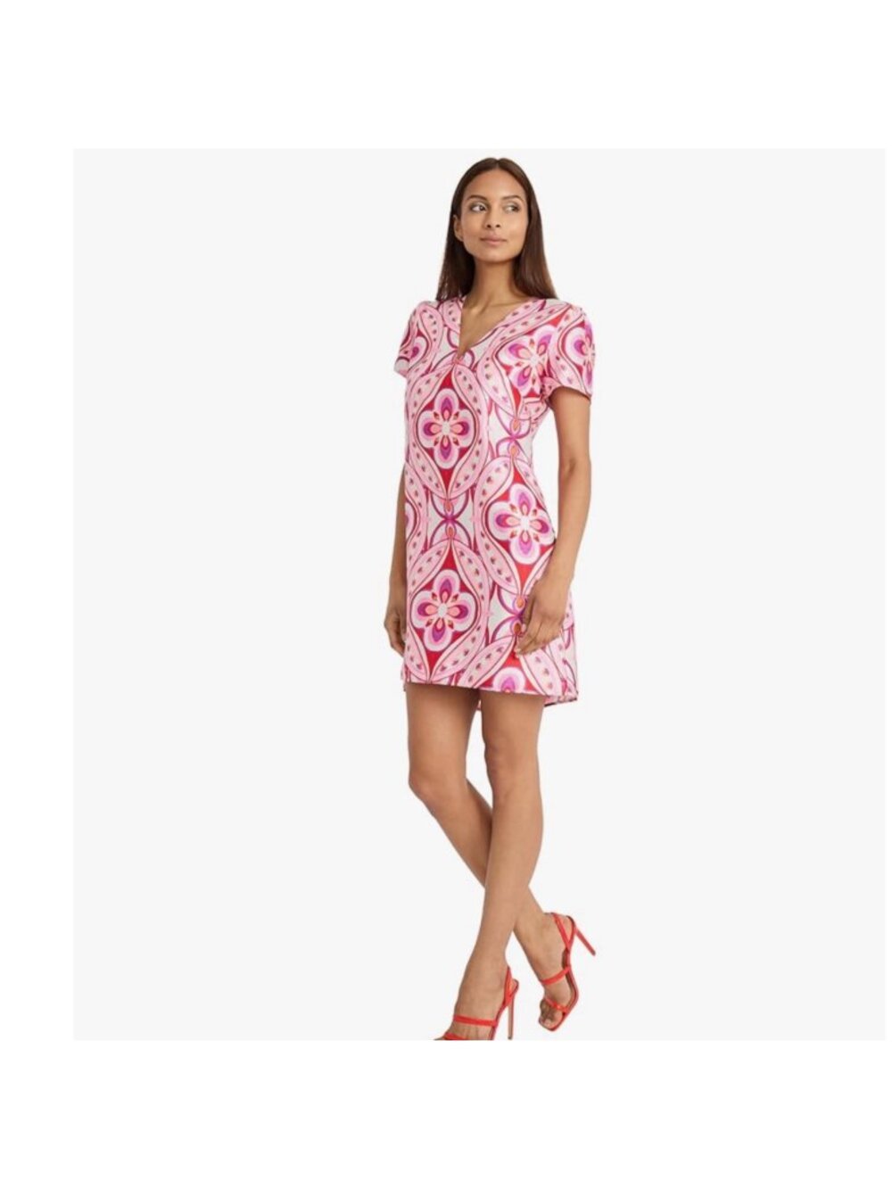 ✨ Donna Morgan Pink Ivory Geometric Floral V-Neck Mini Dress Size 14 Wedding ✨